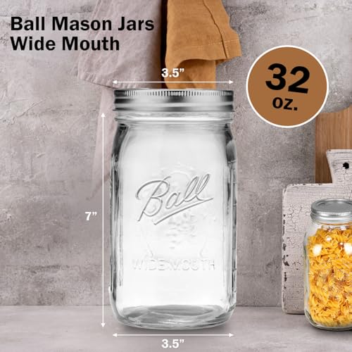 Ball Wide Mouth Mason Jars 32 oz. (6 Pack) - Quart Size Jars with Airtight Lids and Bands for Canning, Fermenting, Pickling, Meal Prep or DIY Decors and Projects Bundled with Peaknip Jar Opener