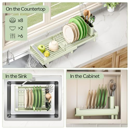 TOOLF Small Dish Drying Rack, Mini Expandable Compact Dish Rack, Slim Extendable Stainless Steel Dish Drainer for Kitchen Countertop, Space Saving Dish Strainer, Soft Celery Green - color: Soft Celery Green