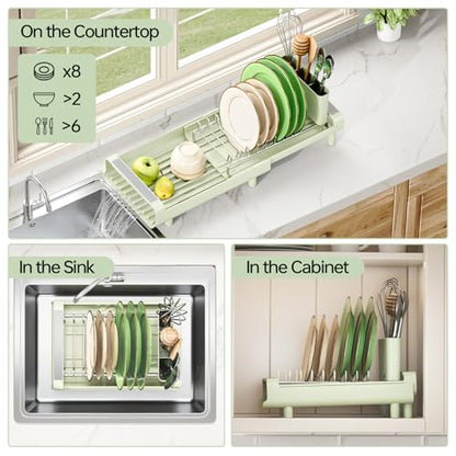 TOOLF Small Dish Drying Rack, Mini Expandable Compact Dish Rack, Slim Extendable Stainless Steel Dish Drainer for Kitchen Countertop, Space Saving Dish Strainer, Soft Celery Green - color: Soft Celery Green