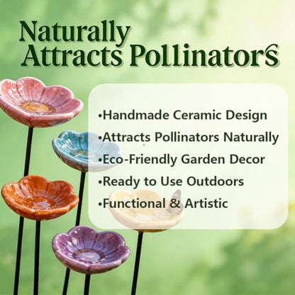 Bee Watering Station for Garden,Ceramic Bees Cups Outdoor Feeder,Flower Shaped Bee Watering Station Bird Bath Water,Butterfly Drinking Cup Bees Bath Bowl Gardens Stakes (Blue, Purple, Pink)