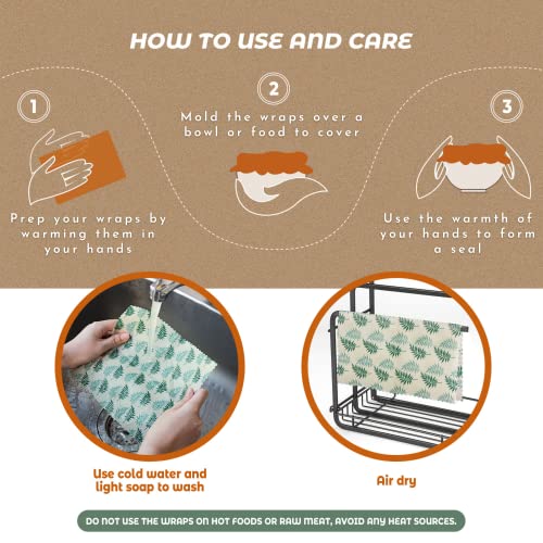 Akeeko Reusable Beeswax Food Wraps - Assorted 9 Packs, Reusable, Plastic-Free Food Storage, 5 Small, 2 Medium, 1 Large Wraps, 1 Extra Large with Tropical Leave Pattern