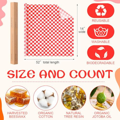 Beeswax Wraps for Food 14x52" Beeswax Food Wraps Reusable Wax Paper Roll Waxed Paper & Bowl Covers Organic & Sustainable Alternative to Aluminum Foil & Plastic Wrap Honeycomb Classic Checkered