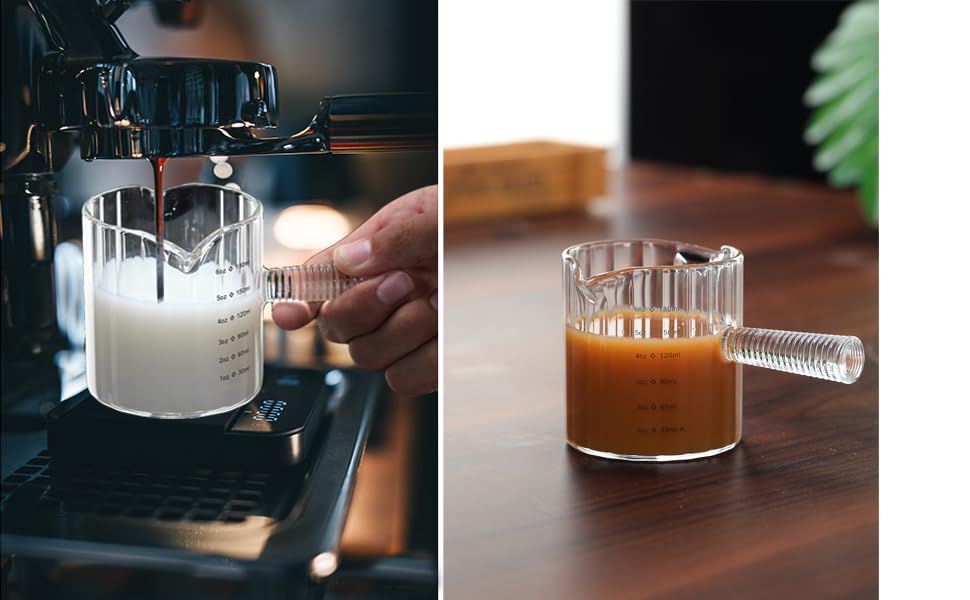 Glass Espresso Cup 6 OZ, Double Shots Measuring Cup with Glass Handle for Dishwasher Safe, Double V-Shaped Spout Milk Frothing Pitcher, Espresso Accessories for Machine, Demitasse Cups (Clear) - color: Clear