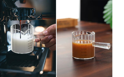 Glass Espresso Cup 6 OZ, Double Shots Measuring Cup with Glass Handle for Dishwasher Safe, Double V-Shaped Spout Milk Frothing Pitcher, Espresso Accessories for Machine, Demitasse Cups (Clear) - color: Clear