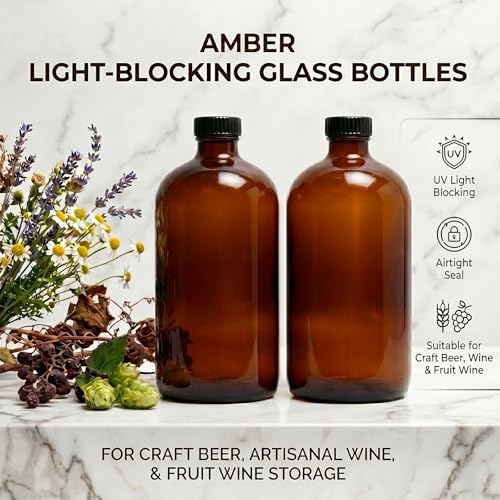 2 Pack 1000ml (32oz) Amber Glass Boston Round Bottles with Black Screw Caps - Empty Refillable Brown Glass Bottles for Essential Oils, Lab Chemicals, Cosmetics, Cleaning Solutions & Homemade Products