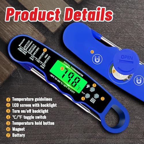 Stocking Stuffers for Men Women Adults: Meat Thermometer Digital, Instant Read Meat Thermometer with Backlight & Magnet for Kitchen, Beef, Grill, Turkey,IP67 Waterproof Cooking Thermometer - color: Blue