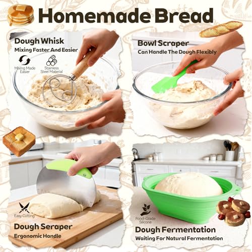 Sourdough Starter Kit,Sourdough Bread Baking Supplies(Green),10 Inch Oval & 9 Inch Round Banneton Bread Proofing Basket Set with Sourdough Starter Jar,Sourdough Kit Gifts for Baking Lovers