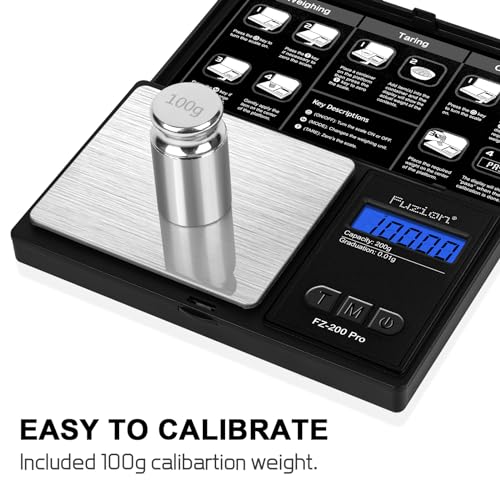Fuzion Gram Scale, Pocket Scale .01 Gram Accuracy, 200g Small Digital Scale for Food, Jewelry, Herb, Spice, Coin - Weight Gram and Oz - 100g Calibration Weight - color: Black, size: 200g with Cal Weight