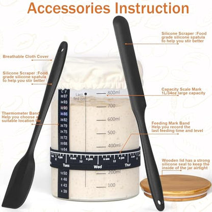 Sourdough Starter Jar Glass, 34 Oz DIY Wide-mouth Pro Sourdough Starter Jar Kit with Silicone Spatula,Cholkboard Sign, hermometer,Feeding Band,cloth cover, Reusable Sourdough Bread Baking Supplies. - color: ガラス