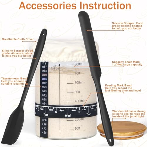 Sourdough Starter Jar Glass, 34 Oz DIY Wide-mouth Pro Sourdough Starter Jar Kit with Silicone Spatula,Cholkboard Sign, hermometer,Feeding Band,cloth cover, Reusable Sourdough Bread Baking Supplies. - color: ガラス