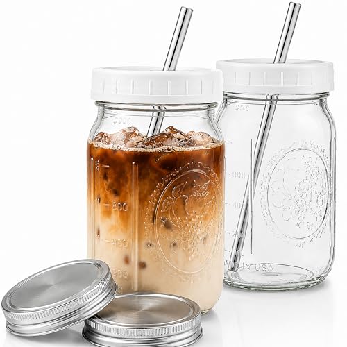 Reusable Wide Mouth Smoothie Boba Tea Cups Bubble Tea Cups with Lids and Silver Straws Mason Jars Glass Cups (2-pack, 32 oz mason jars)