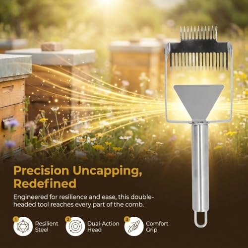 2-in-1 Double Head Honey Scraper, Stainless Steel Beekeeping Uncapping Tool with Wooden Handle for Honeycomb Processing(Metal Handle)