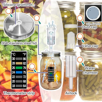 laffeya Fermentation Lids Kit, 6 Sets Stainless Steel Wide Mouth Mason Lids | Mason Jar Fermenting Lid, Airlock, Thermometer Strip, Silicone Ring & Grommet, Fermentation Airlock Lids (Jars Not Included)