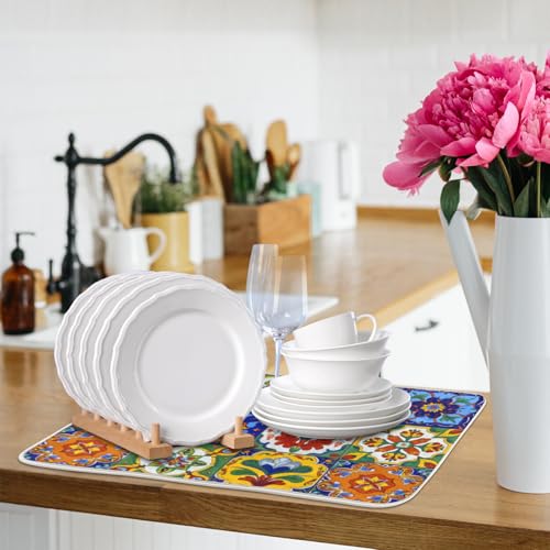 Dish Drying Mats for Kitchen - Super Absorbent Dish Dryer Mat for Countertops Microfiber Dishes Drainer Pad Hide Stain Draining Rack Mat Gadgets for Easy Clean Multi-Use 16"x18" (Mexican Tiles, S) - size: S