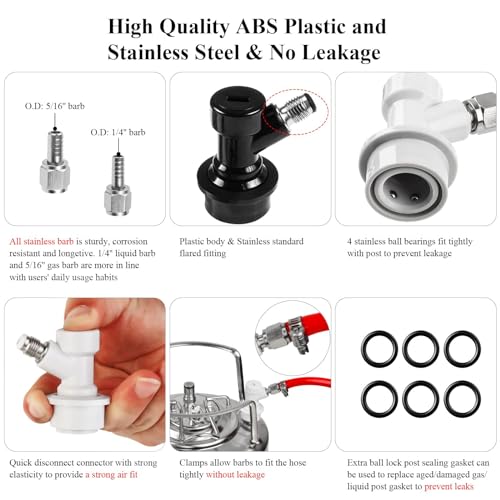 3 Pairs Ball Lock Quick Disconnect Set, Plastic & Stainless Steel Keg Connectors with Swivel Nuts, 5/16'' Gas & 1/4'' Beer Barb, Black & White, 18 Pieces - size: 3 Pairs