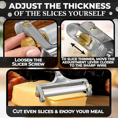Cheese Slicer Wire - Sharp & Strong Stainless Steel Cheese Cutter Handheld with 2 Extra Wires, Slice Tickness Adjuster, Comfortable Handle & Dishwasher Safe, for Mozzarella, Cheddar & Gruyere Slicing