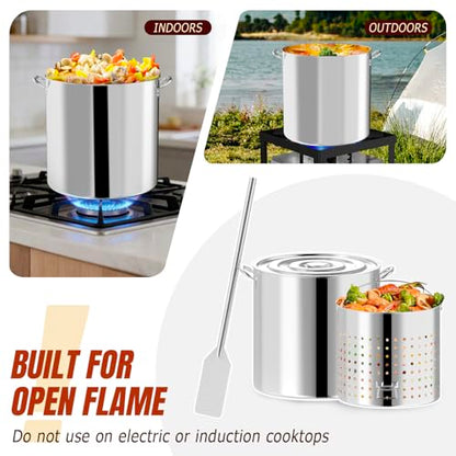 100QT Seafood Boil Pot with Detachable Paddle, Stainless Steel Stock Pot | Crawfish Boil Pot with 80QT Basket, Lid & Lifting Hook, Perfect for Outdoor Crab, Lobster & Shrimp Boils - style: 100QT+Mixing Paddle
