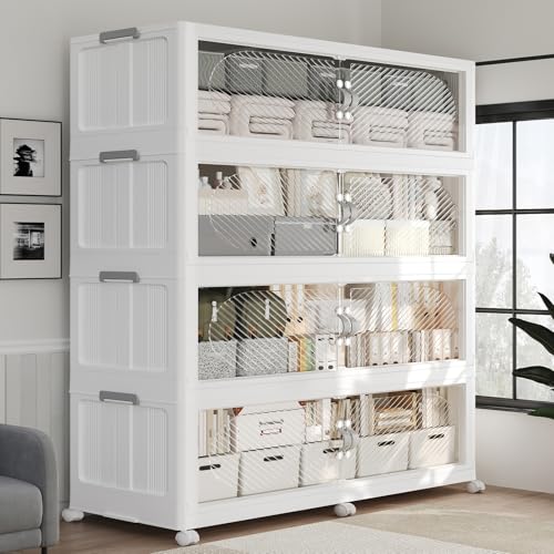 1280QT Extra Large Stackable Storage Bins with Lid & Wheels & Doors,320Gal Foldable Collapsible Closet Organizers, Plastic Cabinet Box Container Drawer for Home Kitchen Bedroom, 4Pack White - color: White, size: 320QT-4Pack