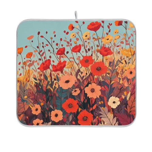 Poppy Flower Orange Spring Dish Drying Mat for Kitchen Counter Microfiber Absorbent Drainer Rack Mats Small Heat Resistant Pad 18x16 - color: Autumn Poppy Flowers, size: 16x18in