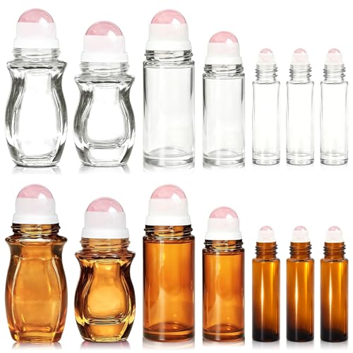 14 Pack Rose Quartz Roller Bottles for Essential Oils, 50ml Refillable Amber Glass Roll On Bottles with Natural Crystal Roller Balls, Leak-Proof Travel Perfume Bottle with Gold Caps - size: 14 Pack