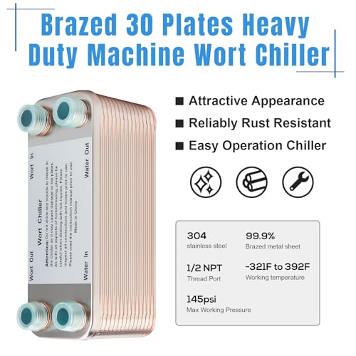 FERRODAY Wort Chiller, 30 Plate 1/2 NPT Plate wort Chiller, Stainless Steel Brazed Plate Heat Exchanger, 1/2 Thread Wort Cooler for Homebrew - 7.3" x 2.8" - size: 30-plate(1/2 npt)