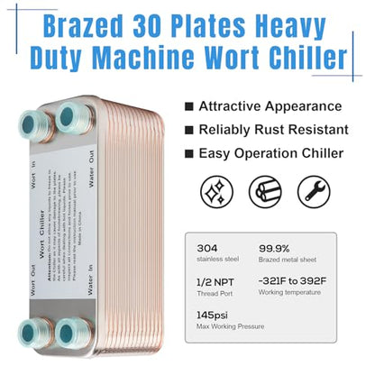 FERRODAY Wort Chiller, 30 Plate 1/2 NPT Plate wort Chiller, Stainless Steel Brazed Plate Heat Exchanger, 1/2 Thread Wort Cooler for Homebrew - 7.3" x 2.8" - size: 30-plate(1/2 npt)