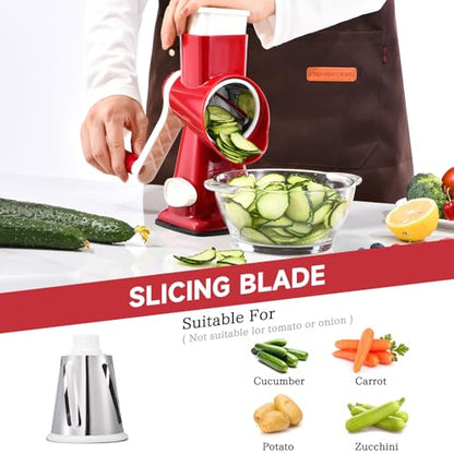 Rotary Cheese Grater with Handle Kitchen Shredder Slicer Grater Slicer Ice Shaver Cheese Vegetable Nuts Potato Zucchini Chocolate 3 Interchangeable Blades (RedWhite) - color: RedWhite