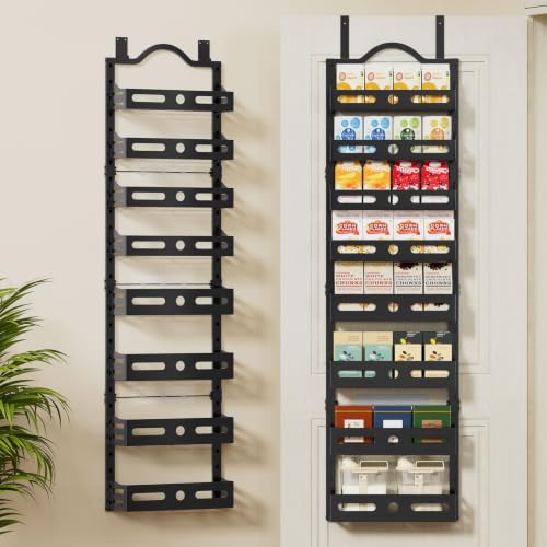 8-Tier Pantry Door Organizer, 2 IN 1 Wall Mount or Over The Door Pantry Organizer, Door Spice Rack with Adjustable Baskets, Over Door Organizer for Kitchen (12.4"W x 5.5"D x 66.1"H,1 Pack, Black) - color: Black, size: 8-Tier(12.4"W x 5.5"D x 66.1"H)