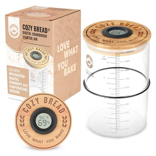 Cozy Bread® Digital Sourdough Starter Jar – 34oz Glass Fermentation Jar with Digital Temperature & Humidity Sensor | Perfect for Growing Sourdough Starter | USA Brand