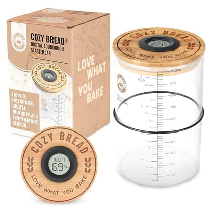 Cozy Bread® Digital Sourdough Starter Jar – 34oz Glass Fermentation Jar with Digital Temperature & Humidity Sensor | Perfect for Growing Sourdough Starter | USA Brand