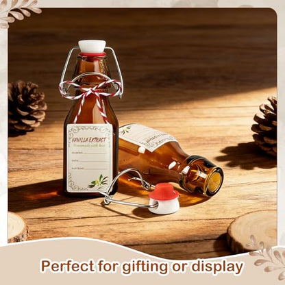 14 Pcs 4 oz Amber Swing Top Brown Square Glass Bottles with Caps Sticker and Cotton Twines Flip Top Glass Bottle for Home Tea Vanilla Extract Beer Brew Oil Supply