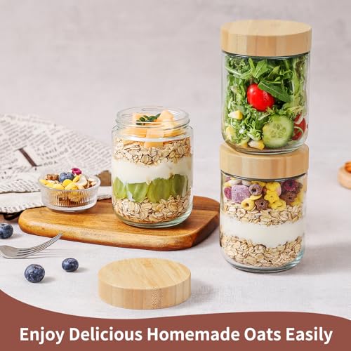 DRKIO 16 Oz Overnight Oats Containers with Bamboo Lids - 4 Pack Glass Storage Jars with Airtight Lids Wide Mouth Mason Food Jars Great for Meal Prep Salad Chia Pudding Snacks Yogurt Sugar Spice Cereal - color: 16 Oz - Natural