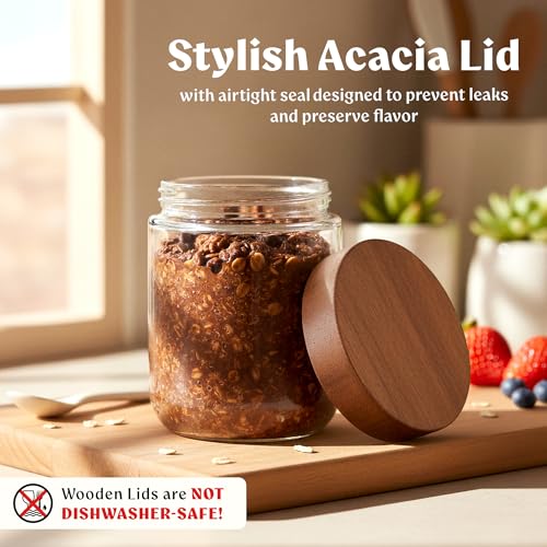 EDELHAUS Overnight Oats Containers with Lids Acacia (4 x 16oz) Glass Jars for Oatmeal, Meal Prep, Food Storage | Leak-Proof Mason Jars for Oats, Cereal, Yogurt, Chia Pudding [Thicker Glass 3mm] - color: Acacia Lid no Spoons