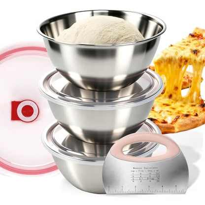 3 Pack Pizza Dough Proofing Box Includes Cutter, 800ML Stainless Steel Food Storage Container with Lid, Household Pizza Dough Bowl for Bread & Dough Balls - size: 800ML