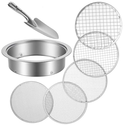 Soil Sieve Set Garden Soil Sifter Stainless Steel Mesh Sifter, 5 Sieve Set for Gardening with 8" Diameter 1/3/6/9/12mm Interchangeable Meshes, Includes Shovel for Potting, Planting