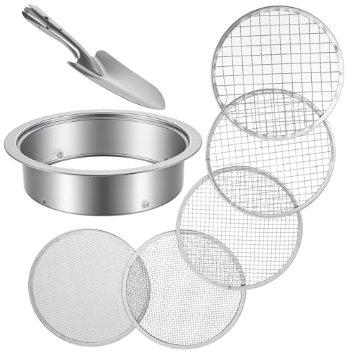 Soil Sieve Set Garden Soil Sifter Stainless Steel Mesh Sifter, 5 Sieve Set for Gardening with 8" Diameter 1/3/6/9/12mm Interchangeable Meshes, Includes Shovel for Potting, Planting