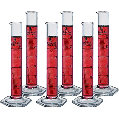 25ml Graduated Cylinder, Borosilicate 3.3 Glass, Single Metric Scale, Class B, Karter Scientific 233B3 (Pack of 6) - size: 25ml, style: Pack of 6