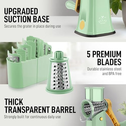 Zulay Kitchen Rotary Cheese Grater 5 Blade Cheese Shredder - Manual Hand Crank Cheese Grater With Reinforced Suction & 5 Interchangeable Drums - Easy to Use, Vegetable Chopper Round Mandoline Slicer - color: Sea Foam & Gold