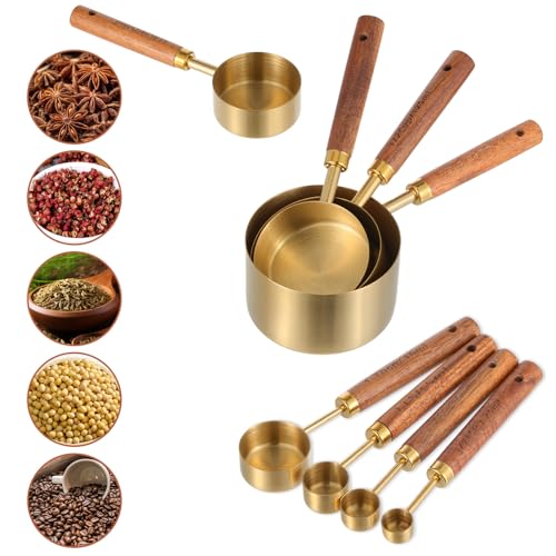 Stainless Steel Measuring Cups Set and Measuring Spoons Wooden Handle Metal Measure Cups and Spoons for Cooking and Baking, Gold, 8 Piece - color: Gold