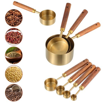 Stainless Steel Measuring Cups Set and Measuring Spoons Wooden Handle Metal Measure Cups and Spoons for Cooking and Baking, Gold, 8 Piece - color: Gold