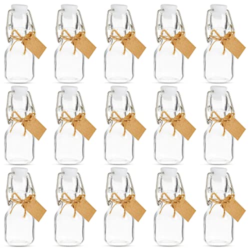 BLUE PANDA Mini Glass Bottles Swing Top - 15 Pack 2 Oz/60 ml Blue & White - Kraft Tags & Jute Twine Included - Wedding Favor Glass Bottles & DIY Jars