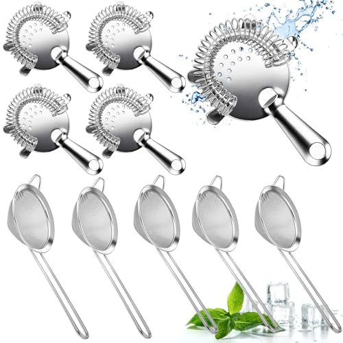 10 Pack Stainless Steel Cocktail Strainer,5 Pcs Cone Shaped Small Fine Mesh Strainer Sieve and 5 Pcs 4-Prong Bar Drink Strainer for Bartender Juice Tea Coffee