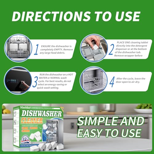 Dishwasher Cleaner and Deodorizer Tablets-12 Pack, Heavy Duty Deep Cleaning Descaler Pods for Dish Washer Machine, Removes Limescale, Odor, Grease, and Hard Water Stains, Septic Safe