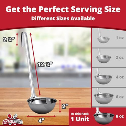 Super Sturdy, Ergonomic 8 Oz. Soup Ladle 1 Pk. Stainless Steel Ladles with Long Handles. Best Kitchen Accessories for Stirring, Portioning and Serving Soups, Chili and Stew in Restaurants and at Home - size: 8oz