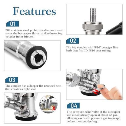 Keg Coupler 304 Stainless Steel Probe Sankey Keg Coupler D System Keg Tap for Kegerator 5/16 Barbs G5/8 Nuts US Sanke D Beer Coupler Beer Keg Coupler D Coupler Keg Tap for Beer - size: D System