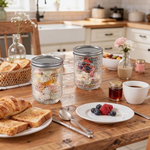 WELLIFE 6-Pack 16 oz Mason Jars with Lids – Wide Mouth Textured Glass Jars, Airtight Leak-Proof Canning Jars for Food Storage, Pickling, Fermenting, Freezing & Crafts - color: Dot Mason Jars 16oz-6Pcs