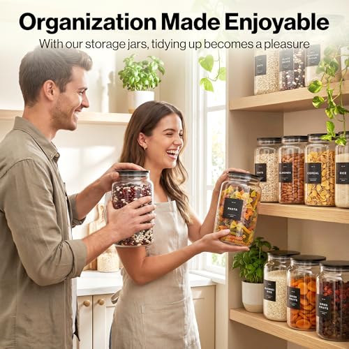 EDELHAUS 2x Large Glass Storage Containers with Airtight Black Lids [135oz/4000ml] | Extra Thick Glass Canisters for Pantry + 63 Labels | Flour Rice Cereal Sugar Coffee Beans Tea - color: 2x4000ml Black Lid