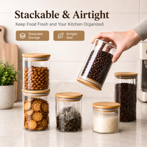 MOLFUJ 550 ML / 18 FL Oz Glass Storage Container with Wood Lid, Stackable Clear Decorative Organizer Bottle Canister Pantry Jar with Air Tight Wooden Lid for Food, Coffee, Candy, Sugar, Salt, Tea - size: 18 Oz / 550 ml