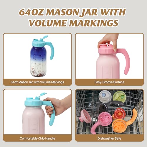 Soligt Glass Mason Jar Pitchers with Lids, Wide Mouth Flip Cap Pour Spout Leak-proof Lid with Handle, 64 oz/2 Quart, for Iced Coffee/Sun Tea Juice/Cold Brew/Milk (2 Pack, Taffy Pink + Baby Blue) - color: Taffy Pink and Baby Blue