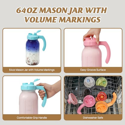 Soligt Glass Mason Jar Pitchers with Lids, Wide Mouth Flip Cap Pour Spout Leak-proof Lid with Handle, 64 oz/2 Quart, for Iced Coffee/Sun Tea Juice/Cold Brew/Milk (2 Pack, Taffy Pink + Baby Blue) - color: Taffy Pink and Baby Blue